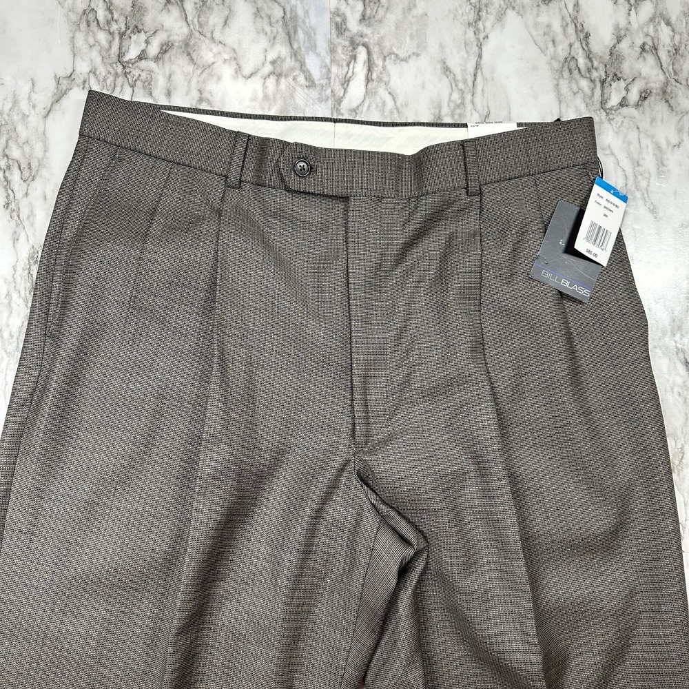 Bill Blass Dress Pants Mens‎ 100% Wool Size 36R Brown Checks Pleated NEW - Picture 3 of 16